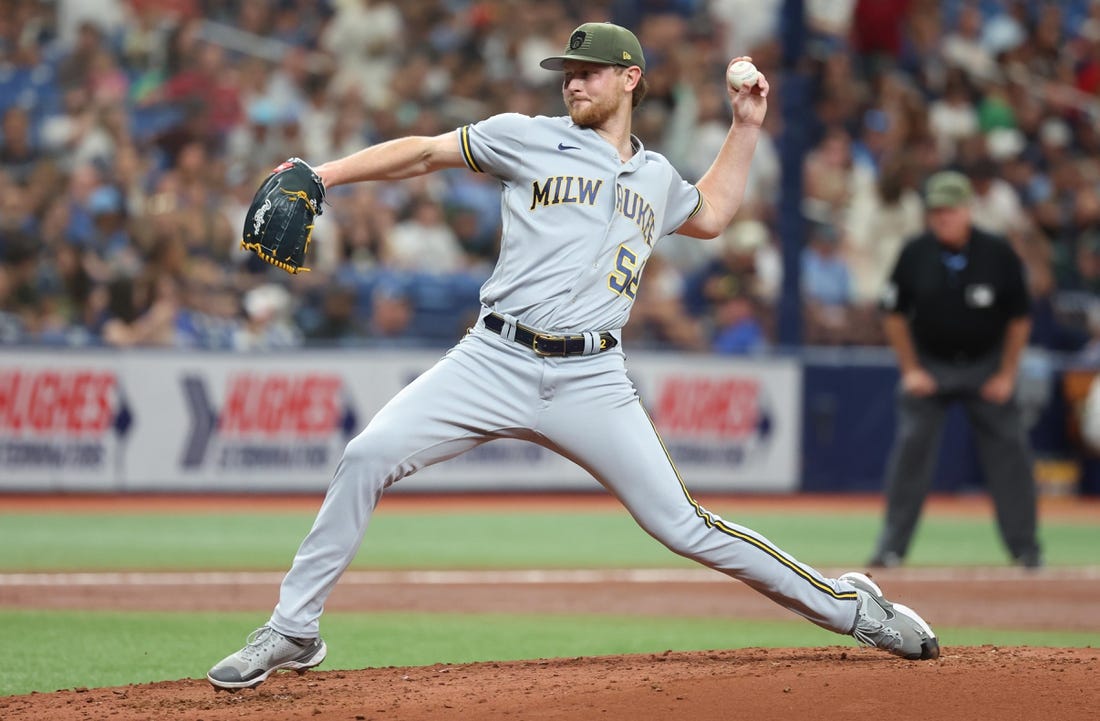 May 20, 2023; St. Petersburg, Florida, USA; Milwaukee Brewers starting pitcher Eric Lauer (52) throws a pitch second inning against the Tampa Bay Rays at Tropicana Field. Mandatory Credit: Kim Klement-USA TODAY Sports
