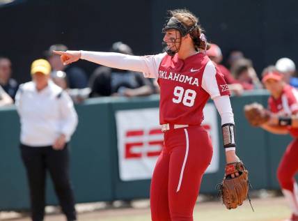 Oklahoma's Jordy Bahl (98) reacts after a strikeout during a college softball game between the University of Oklahoma Sooners and the Hofstra Pride at Norman Regional of NCAA softball tournament at Marita Hynes Field in Norman, Okla., Saturday, May, 20, 2023.