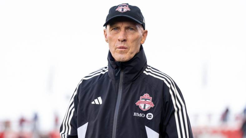 May 17, 2023; Toronto, Ontario, CAN; Toronto FC head coach Bob Bradley looks on against the New York Red Bulls before the first half at BMO Field. Mandatory Credit: Kevin Sousa-USA TODAY Sports