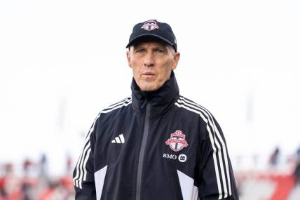 May 17, 2023; Toronto, Ontario, CAN; Toronto FC head coach Bob Bradley looks on against the New York Red Bulls before the first half at BMO Field. Mandatory Credit: Kevin Sousa-USA TODAY Sports