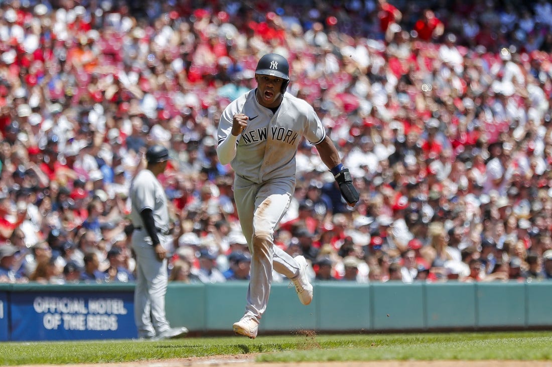 May 21, 2023; Cincinnati, Ohio, USA; New York Yankees pinch runner Greg Allen (30) scores on a double by shortstop Anthony Volpe (not pictured) in the seventh inning against the Cincinnati Reds at Great American Ball Park. Mandatory Credit: Katie Stratman-USA TODAY Sports