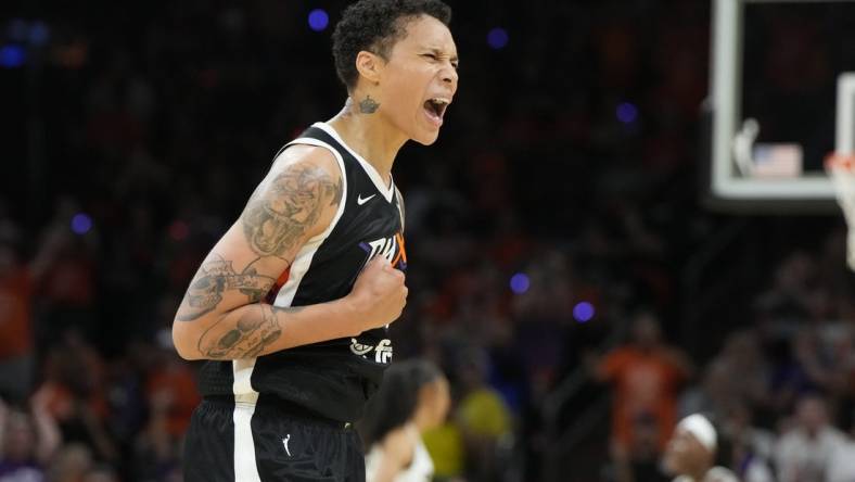 May 21, 2023; Phoenix, Arizona, USA; Phoenix Mercury center Brittney Griner (42) reacts after scoring against the Chicago Sky in the second half at Footprint Center. Mandatory Credit: Rick Scuteri-USA TODAY Sports