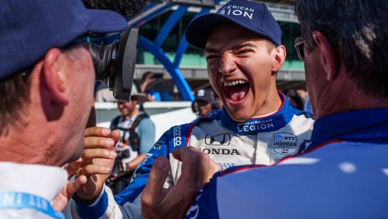 May 21, 2023; Indianapolis, Indiana, USA; Chip Ganassi Racing driver Alex Palou (10) reacts after earning the pole position Sunday, May 21, 2023, after Firestone Fast Six qualifying at Indianapolis Motor Speedway in preparation for the 107th running of the Indianapolis 500. Mandatory Credit: Mykal McEldowney-USA TODAY Sports