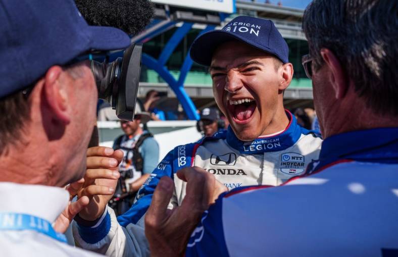 May 21, 2023; Indianapolis, Indiana, USA; Chip Ganassi Racing driver Alex Palou (10) reacts after earning the pole position Sunday, May 21, 2023, after Firestone Fast Six qualifying at Indianapolis Motor Speedway in preparation for the 107th running of the Indianapolis 500. Mandatory Credit: Mykal McEldowney-USA TODAY Sports