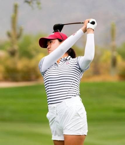 Rose Zhang from Stanford plays her tee shot on the 10th hole during the first day of stroke play competition at the NCAA Division I Women's Golf Championships at Grayhawk Golf Club in Scottsdale on May 19, 2023.