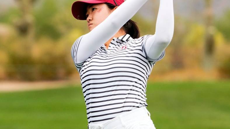 Rose Zhang from Stanford plays her tee shot on the 10th hole during the first day of stroke play competition at the NCAA Division I Women's Golf Championships at Grayhawk Golf Club in Scottsdale on May 19, 2023.