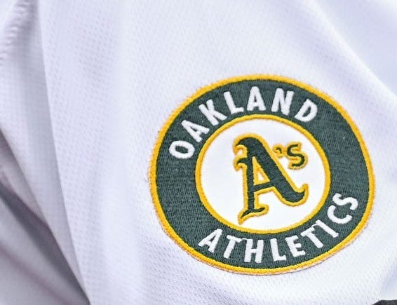 The logo of the Oakland Athletics is seen on the jersey in 2021.