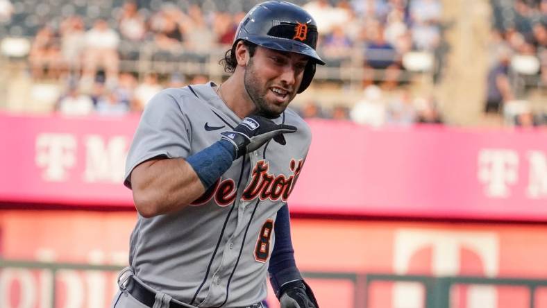 May 22, 2023; Kansas City, Missouri, USA; Detroit Tigers right fielder Matt Vierling (8) celebrates while running the bases against the Kansas City Royals after hitting a two-run home run in the third inning at Kauffman Stadium. Mandatory Credit: Denny Medley-USA TODAY Sports