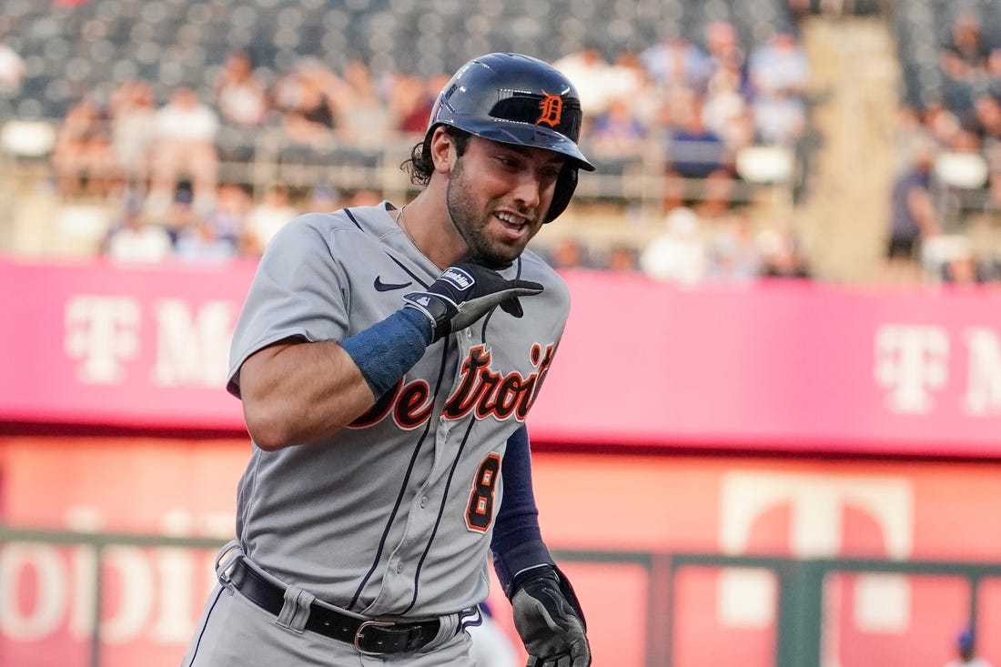 May 22, 2023; Kansas City, Missouri, USA; Detroit Tigers right fielder Matt Vierling (8) celebrates while running the bases against the Kansas City Royals after hitting a two-run home run in the third inning at Kauffman Stadium. Mandatory Credit: Denny Medley-USA TODAY Sports