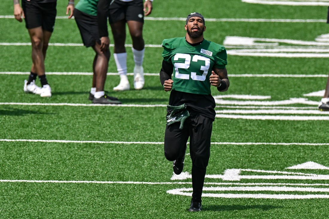 May 23, 2023; Florham Park, NJ, USA; New York Jets safety Chuck Clark (23) warms up during OTA s at Atlantic Health Jets Training Center. Mandatory Credit: Jonathan Jones-USA TODAY Sports