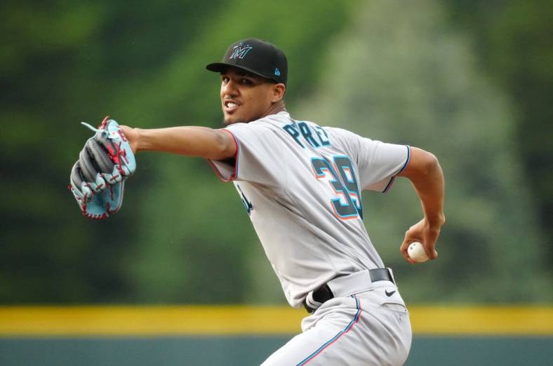 May 23, 2023; Denver, Colorado, USA; Miami Marlins starting pitcher Eury Perez (39) delivers a pitch in the first inning against the Colorado Rockies at Coors Field. Mandatory Credit: Ron Chenoy-USA TODAY Sports