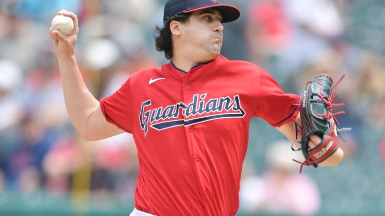 May 24, 2023; Cleveland, Ohio, USA; Cleveland Guardians starting pitcher Cal Quantrill (47) throws a pitch during the first inning against the Chicago White Sox at Progressive Field. Mandatory Credit: Ken Blaze-USA TODAY Sports