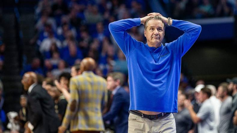 Kentucky head coach John Calipari put his hands on his head in frustration as the Wildcats faced off against Vanderbilt at Rupp Arena on March 1, 2023. Kentucky fell to Vandy 68-66.