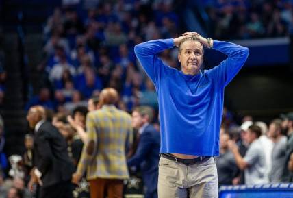 Kentucky head coach John Calipari put his hands on his head in frustration as the Wildcats faced off against Vanderbilt at Rupp Arena on March 1, 2023. Kentucky fell to Vandy 68-66.