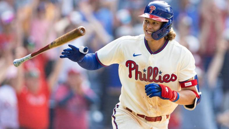 May 24, 2023; Philadelphia, Pennsylvania, USA; Philadelphia Phillies first baseman Alec Bohm (28) reacts while running to first base for a game winning walk off RBI single in the tenth inning against the Arizona Diamondbacks at Citizens Bank Park. Mandatory Credit: Bill Streicher-USA TODAY Sports