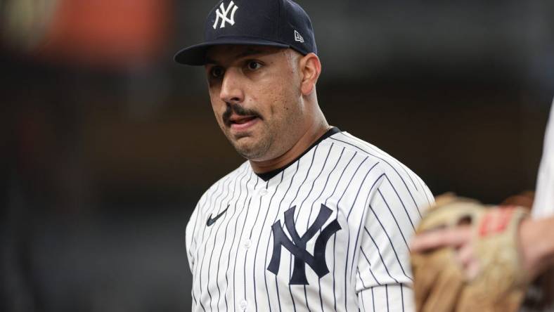 May 24, 2023; Bronx, New York, USA; New York Yankees starting pitcher Nestor Cortes (65) walks off the field after the top of the sixth inning against the Baltimore Orioles at Yankee Stadium. Mandatory Credit: Vincent Carchietta-USA TODAY Sports