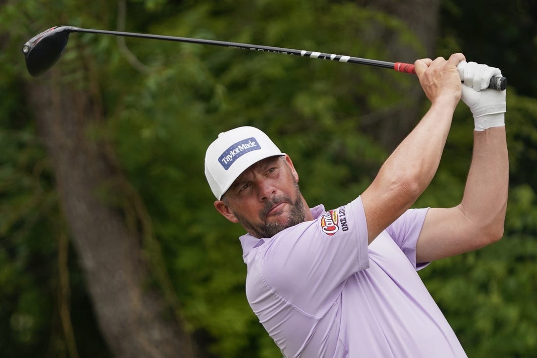 May 25, 2023; Fort Worth, Texas, USA; Michael Block plays his shot from the sixth tee during the first round of the Charles Schwab Challenge golf tournament. Mandatory Credit: Raymond Carlin III-USA TODAY Sports