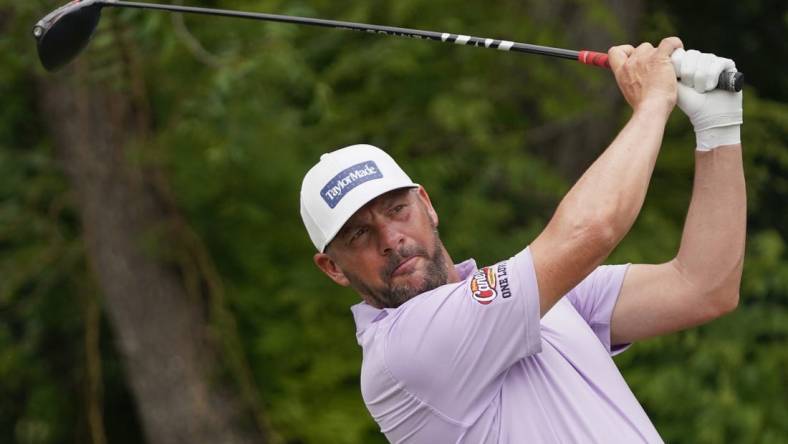 May 25, 2023; Fort Worth, Texas, USA; Michael Block plays his shot from the sixth tee during the first round of the Charles Schwab Challenge golf tournament. Mandatory Credit: Raymond Carlin III-USA TODAY Sports