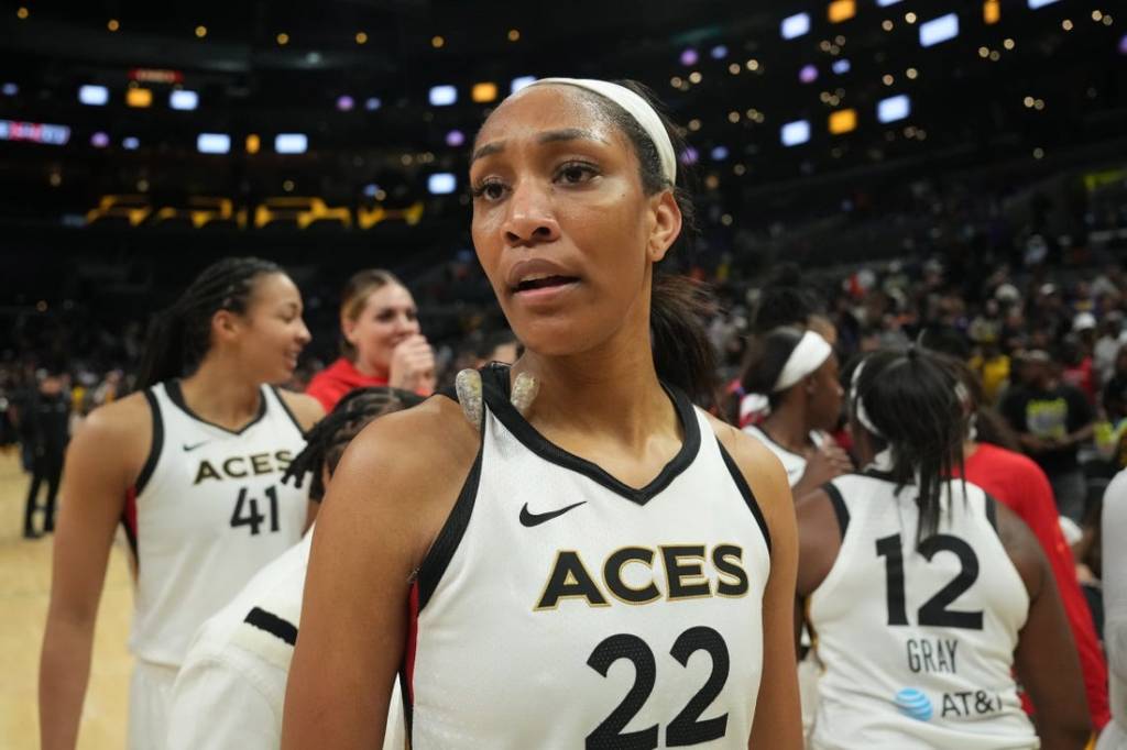 May 25, 2023; Los Angeles, California, USA;Las Vegas Aces forward A'ja Wilson (22) reacts after the game against the LA Sparks at Crypto.com Arena. Mandatory Credit: Kirby Lee-USA TODAY Sports