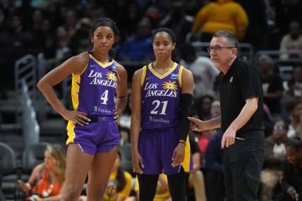 May 25, 2023; Los Angeles, California, USA; LA Sparks guard Lexie Brown (4), guard Jordin Canada (21) and coach Curt Miller react during the second half against the Las Vegas Aces at Crypto.com Arena. Mandatory Credit: Kirby Lee-USA TODAY Sports