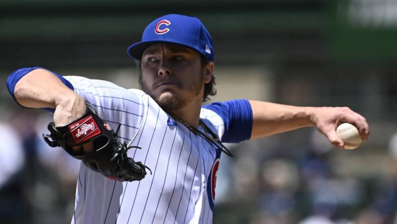 May 26, 2023; Chicago, Illinois, USA; Chicago Cubs starting pitcher Justin Steele (35) delivers against the Cincinnati Reds during the first inning at Wrigley Field. Mandatory Credit: Matt Marton-USA TODAY Sports