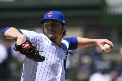May 26, 2023; Chicago, Illinois, USA; Chicago Cubs starting pitcher Justin Steele (35) delivers against the Cincinnati Reds during the first inning at Wrigley Field. Mandatory Credit: Matt Marton-USA TODAY Sports