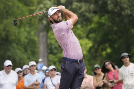 May 27, 2023; Fort Worth, Texas, USA; Max Homa plays his shot from the third tee during the third round of the Charles Schwab Challenge golf tournament. Mandatory Credit: Jim Cowsert-USA TODAY Sports