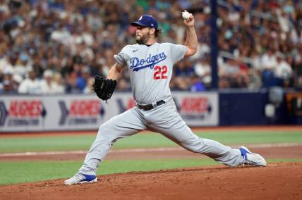 May 27, 2023; St. Petersburg, Florida, USA;  Los Angeles Dodgers starting pitcher Clayton Kershaw (22) throws a pitch during the second inning against the Tampa Bay Rays at Tropicana Field. Mandatory Credit: Kim Klement-USA TODAY Sports