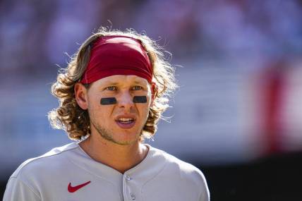 May 27, 2023; Cumberland, Georgia, USA; Philadelphia Phillies third baseman Alec Bohm (28) shown on the field against the Atlanta Braves at Truist Park. Mandatory Credit: Dale Zanine-USA TODAY Sports