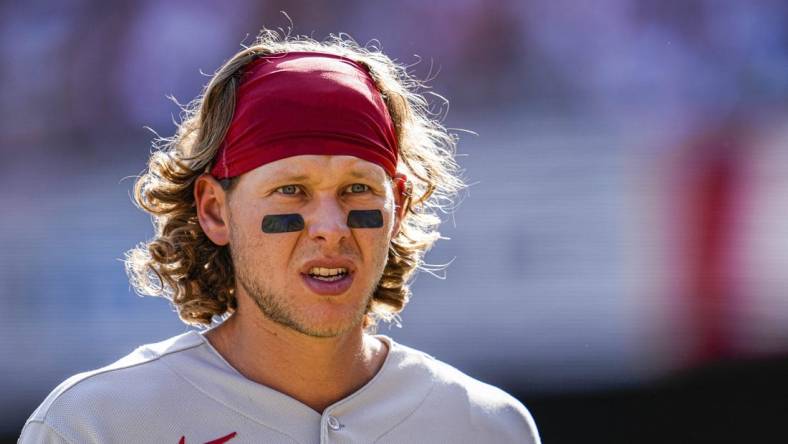 May 27, 2023; Cumberland, Georgia, USA; Philadelphia Phillies third baseman Alec Bohm (28) shown on the field against the Atlanta Braves at Truist Park. Mandatory Credit: Dale Zanine-USA TODAY Sports