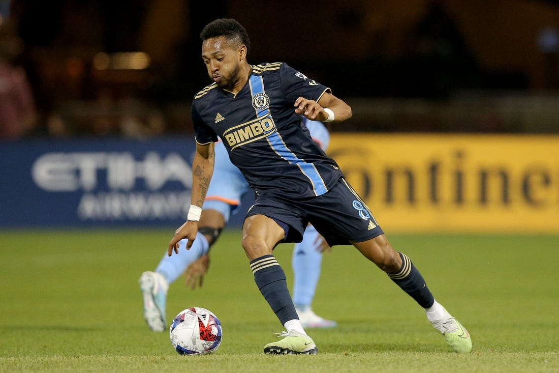 May 27, 2023; Flushing, New York, USA; Philadelphia Union midfielder Jose Andres Martinez (8) controls the ball against New York City FC during the second half at Citi Field. Mandatory Credit: Brad Penner-USA TODAY Sports
