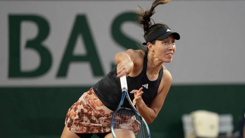 May 28, 2023; Paris, France; Jessica Pegula (USA) serves during her first round match against Danielle Collins (USA) on day one at Stade Roland-Garros. Mandatory Credit: Susan Mullane-USA TODAY Sports