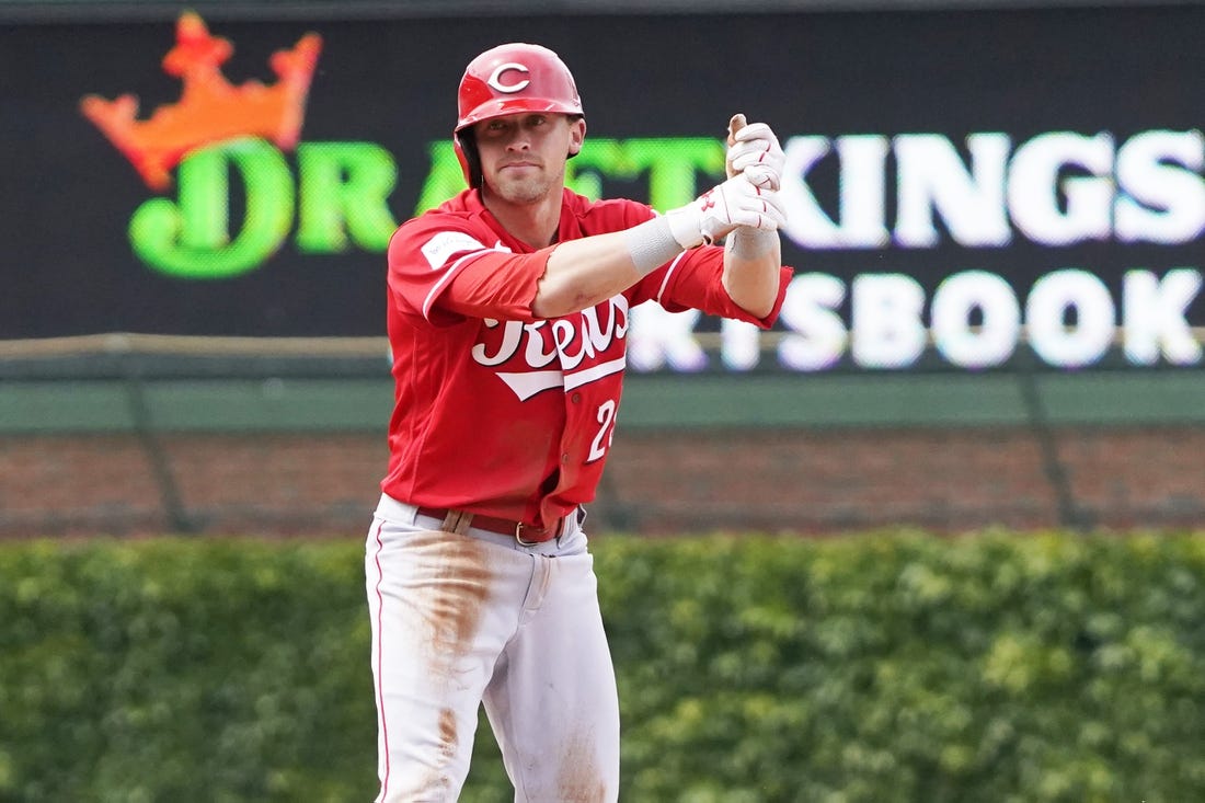 May 28, 2023; Chicago, Illinois, USA; Cincinnati Reds pinch-hitter TJ Friedl (29) gestures after hitting a one-run double against the Chicago Cubs during the fifth inning at Wrigley Field. Mandatory Credit: David Banks-USA TODAY Sports