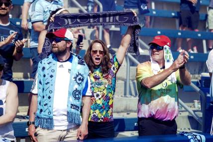 May 28, 2023; Kansas City, Kansas, USA; Sporting Kansas City fans celebrate after defeating the Portland Timbers at Children's Mercy Park. Mandatory Credit: Denny Medley-USA TODAY Sports