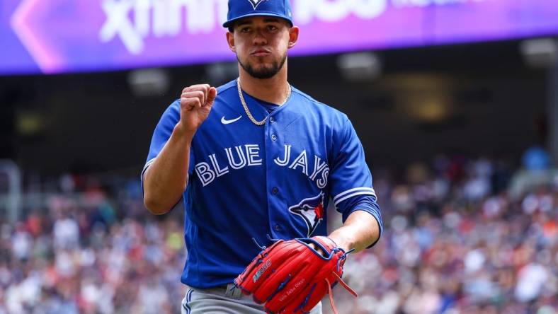 May 28, 2023; Minneapolis, Minnesota, USA; Toronto Blue Jays starting pitcher Jose Berrios (17) reacts after coming out of the game in the sixth inning against the Minnesota Twins at Target Field. Mandatory Credit: Matt Krohn-USA TODAY Sports