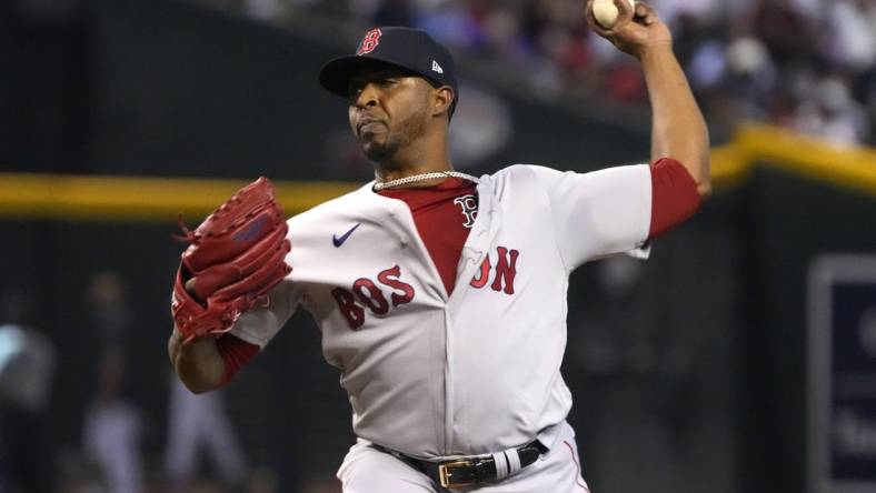 May 28, 2023; Phoenix, Arizona, USA; Boston Red Sox relief pitcher Joely Rodriguez (57) throws against the Arizona Diamondbacks in the fifth inning at Chase Field. Mandatory Credit: Rick Scuteri-USA TODAY Sports