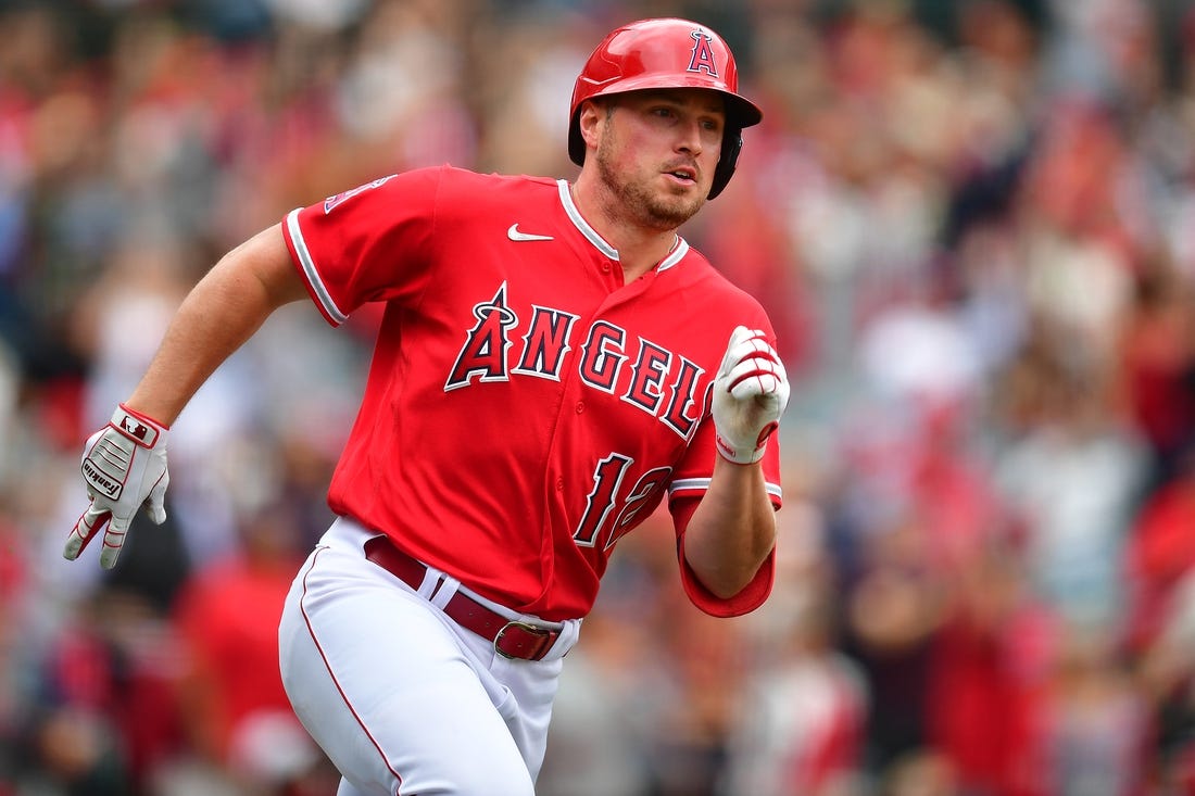 May 28, 2023; Anaheim, California, USA; Los Angeles Angels right fielder Hunter Renfroe (12) runs after hitting a double against the Miami Marlins during the ninth inning at Angel Stadium. Mandatory Credit: Gary A. Vasquez-USA TODAY Sports