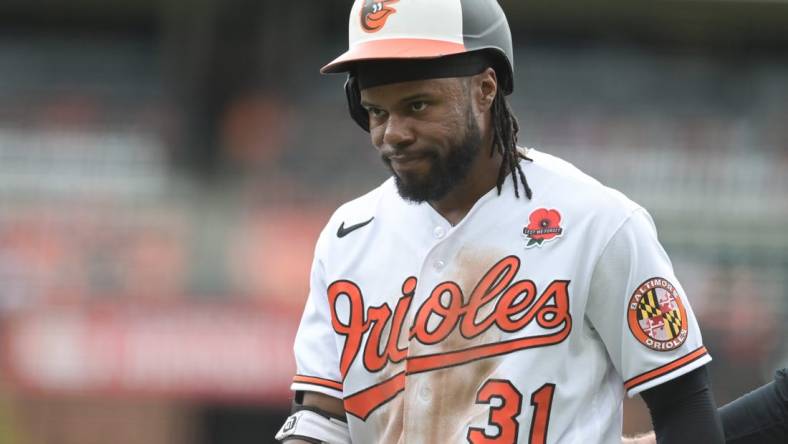 May 29, 2023; Baltimore, Maryland, USA; Baltimore Orioles center fielder Cedric Mullins (31) reacts after being removed from the game durng the ninth inning against the Cleveland Guardians  at Oriole Park at Camden Yards. Mandatory Credit: Tommy Gilligan-USA TODAY Sports