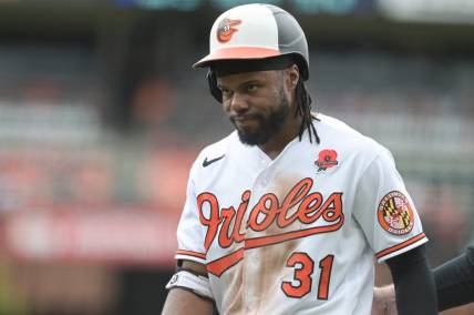 May 29, 2023; Baltimore, Maryland, USA; Baltimore Orioles center fielder Cedric Mullins (31) reacts after being removed from the game durng the ninth inning against the Cleveland Guardians  at Oriole Park at Camden Yards. Mandatory Credit: Tommy Gilligan-USA TODAY Sports