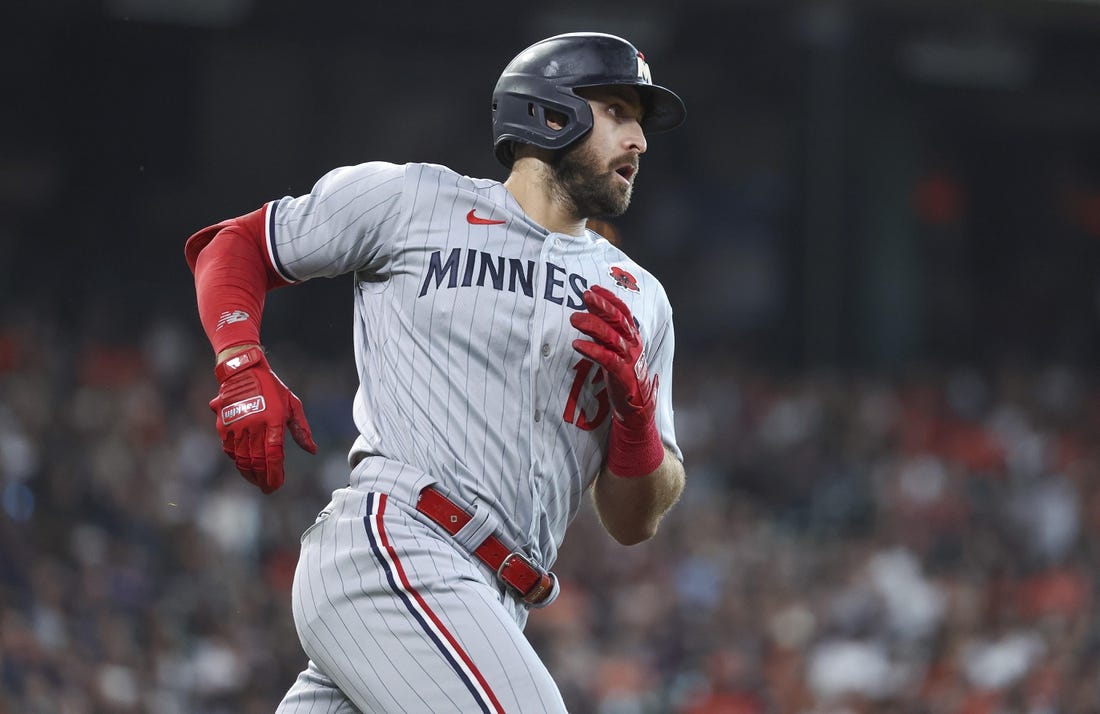 May 29, 2023; Houston, Texas, USA; Minnesota Twins first baseman Joey Gallo (13) runs to first base on a single during the first inning against the Houston Astros at Minute Maid Park. Mandatory Credit: Troy Taormina-USA TODAY Sports