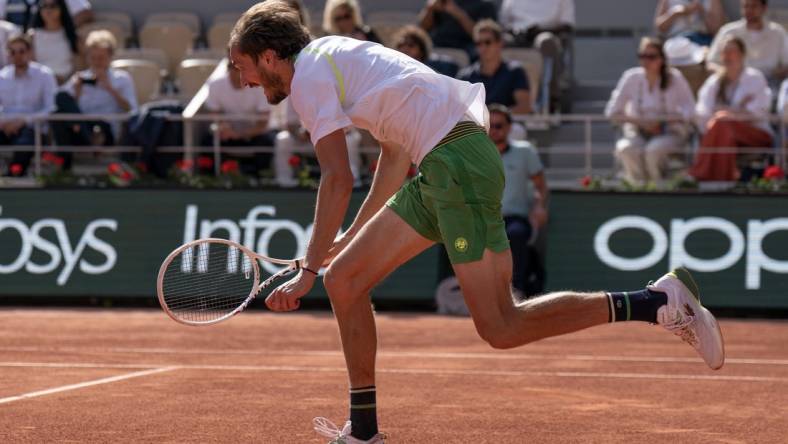 May 30, 2023; Paris, France; Daniil Medvedev (RUS) runs for the ball during a match against Thiago Seyboth Wild (BRA) on day three at Stade Roland-Garros. Mandatory Credit: Susan Mullane-USA TODAY Sports