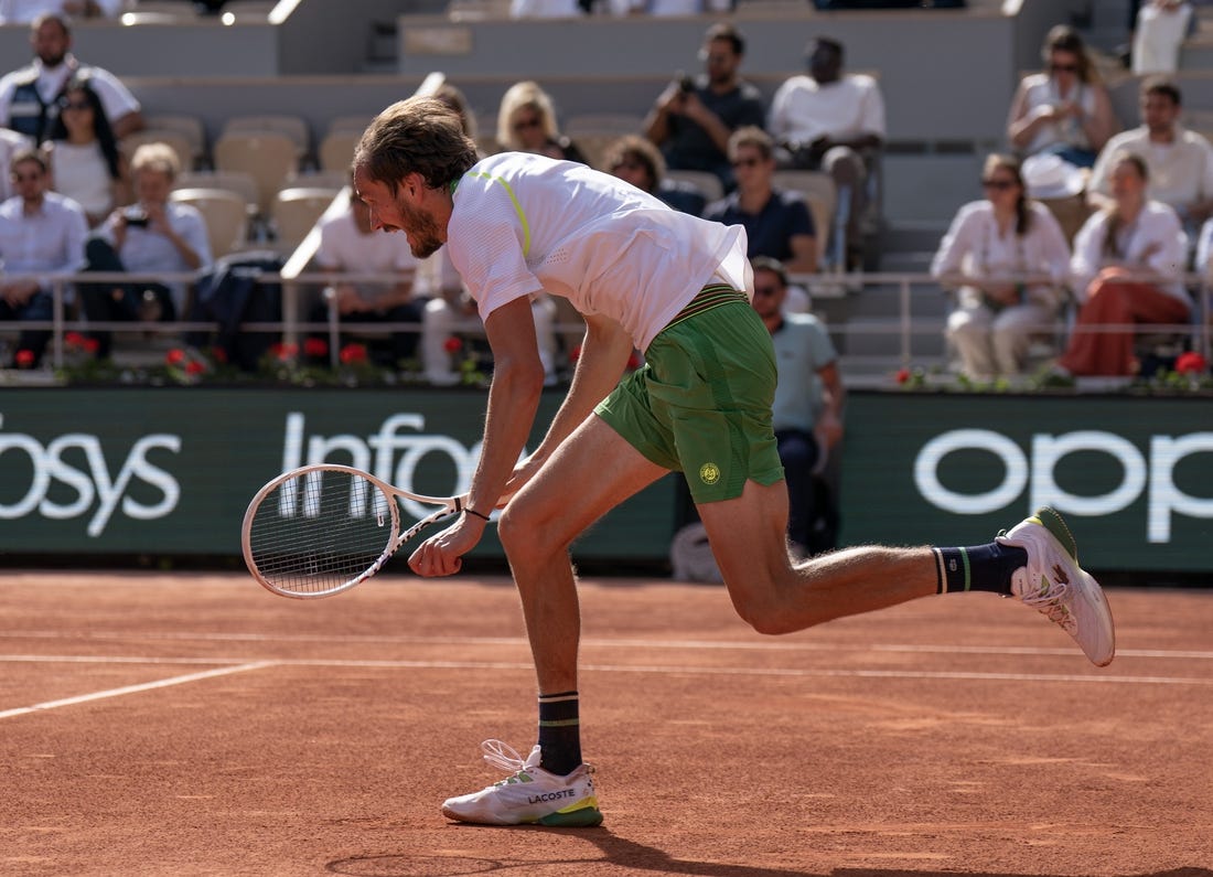 May 30, 2023; Paris, France; Daniil Medvedev (RUS) runs for the ball during a match against Thiago Seyboth Wild (BRA) on day three at Stade Roland-Garros. Mandatory Credit: Susan Mullane-USA TODAY Sports