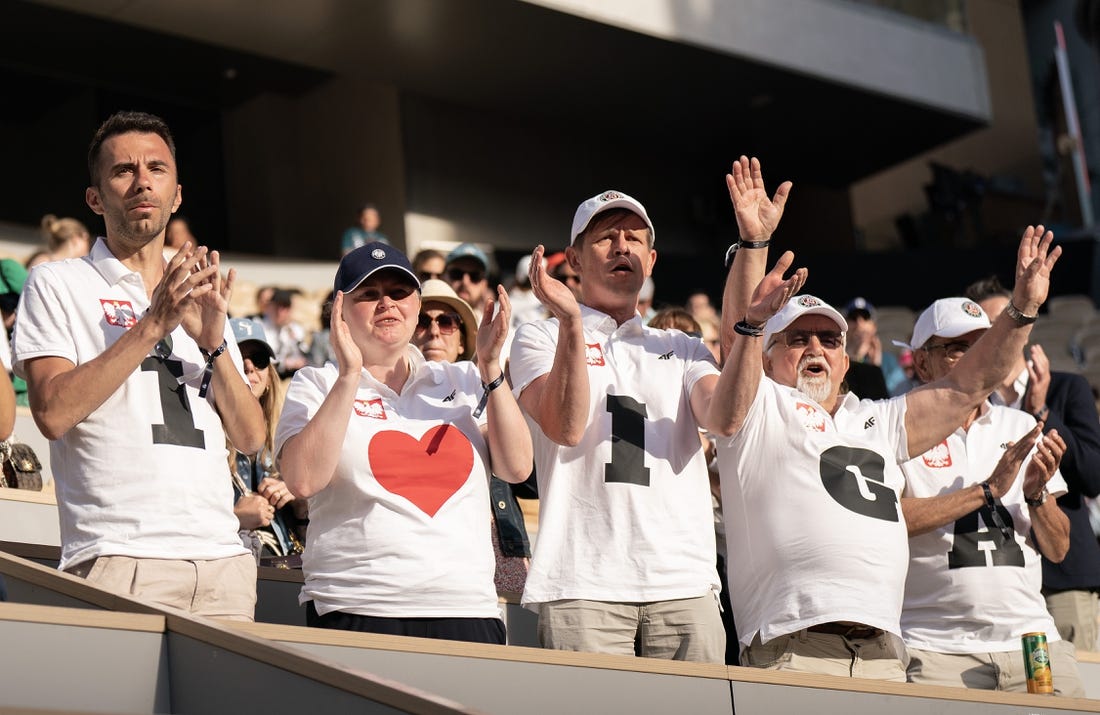 May 30, 2023; Paris, France; Iga Swiatek (POL) fans in attendance for her match against Cristina Bucsa (ESP) on day three at Stade Roland-Garros. Mandatory Credit: Susan Mullane-USA TODAY Sports