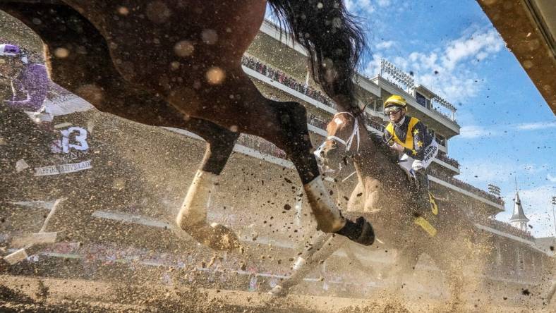 The field for the 149th Running of the Kentucky Oak makes their way past the grandstands at Churchill Downs on May 5, 2023