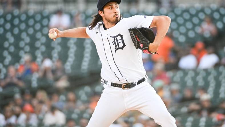 May 30, 2023; Detroit, Michigan, USA; Detroit Tigers starting pitcher Alex Faedo (49) pitches during the first inning against the Texas Rangers at Comerica Park. Mandatory Credit: Tim Fuller-USA TODAY Sports