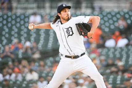 May 30, 2023; Detroit, Michigan, USA; Detroit Tigers starting pitcher Alex Faedo (49) pitches during the first inning against the Texas Rangers at Comerica Park. Mandatory Credit: Tim Fuller-USA TODAY Sports