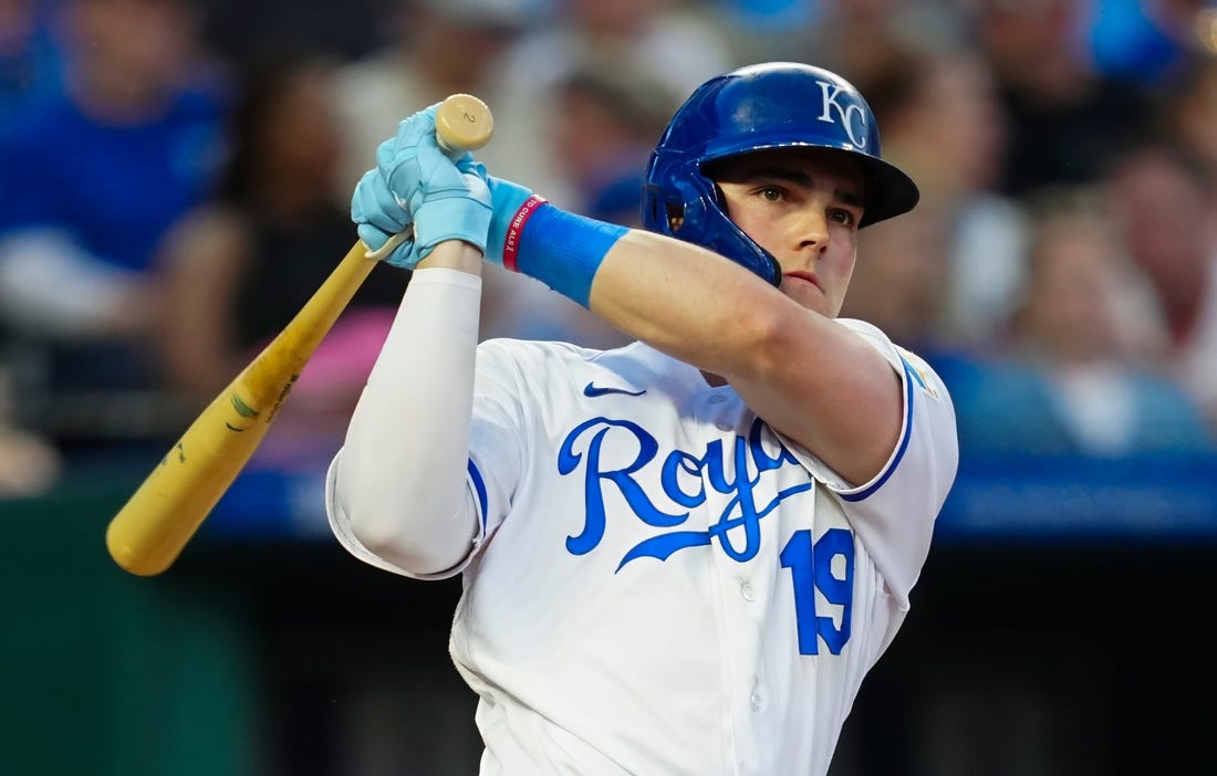 May 6, 2023; Kansas City, Missouri, USA; Kansas City Royals second baseman Michael Massey (19) bats during the fifth inning against the Oakland Athletics at Kauffman Stadium. Mandatory Credit: Jay Biggerstaff-USA TODAY Sports