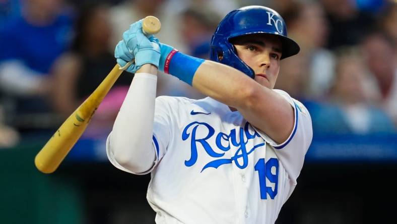 May 6, 2023; Kansas City, Missouri, USA; Kansas City Royals second baseman Michael Massey (19) bats during the fifth inning against the Oakland Athletics at Kauffman Stadium. Mandatory Credit: Jay Biggerstaff-USA TODAY Sports