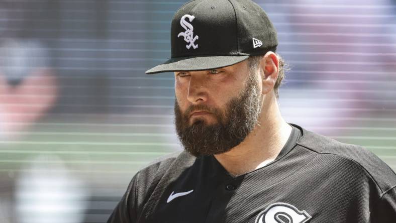 May 31, 2023; Chicago, Illinois, USA; Chicago White Sox starting pitcher Lance Lynn (33) returns to dugout after pitching against the Los Angeles Angels during the first inning at Guaranteed Rate Field. Mandatory Credit: Kamil Krzaczynski-USA TODAY Sports