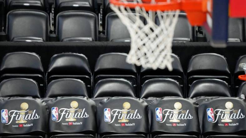 May 31, 2023; Denver, CO, USA; A general view of team benches with the 2023 NBA Finals logo during a practice session on media day before the 2023 NBA Finals at Ball Arena. Mandatory Credit: Kyle Terada-USA TODAY Sports